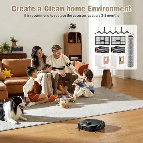 Image of 14 Pack Replacement Parts Compatible with eufy Omni E25 / E28 Robot Vacuum: 1 Pair of Main Brushes, 1 Roller Mop, 2 Filters, 2 Dust Bags, 6 Side Brushes, 1 Cleaning Brush