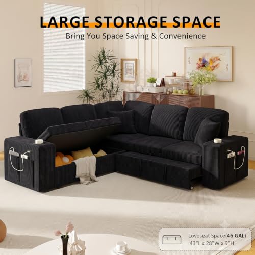 Image of Modular Sectional Sleeper Sofa with Pull Out Bed, 84 Inch L Shaped 5 Seat Couches for Living Room, Chenille Fabric Cloud Couch Bed with Storage, Reclining Backrest, USB Charging, Corduroy