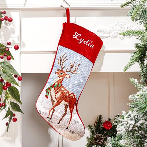 MT WORLD Needlepoint Christmas Stockings Personalized Snowman Santa Angel Bear Reindeer Christmas Tree Embroidered Family Stockings for Holiday Applique Velvet Stocking with Name for Family Decoration