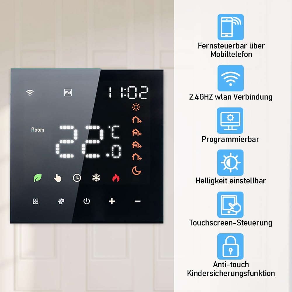 Decdeal Termostato Intelligente per Ambienti WiFi, Riscaldamento Elettrico programmabile, luminosità Regolabile, Compatibile con l'app tuya