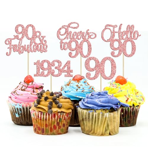 Gyufise 30Pcs 90th Birthday Cupcake Toppers 90 Fabulous Cupcake Picks Cheers to 90 1934 Cake Decorations for Happy 90th Birthday Wedding Anniversary Party Decoration Supplies Rose Gold
