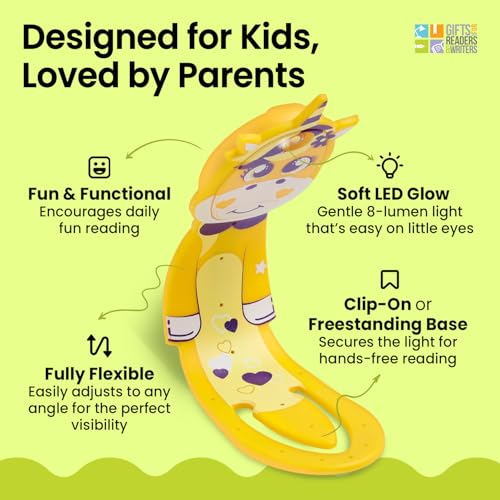 Image of Gifts for Readers & Writers Book Light for Kids, Clip On Reading Light for Bed, 2in1 Flexilight Pals & Bookmark, Small & Lightweight with a Soft Glow, 2 Batteries Included, Unicorn Yellow