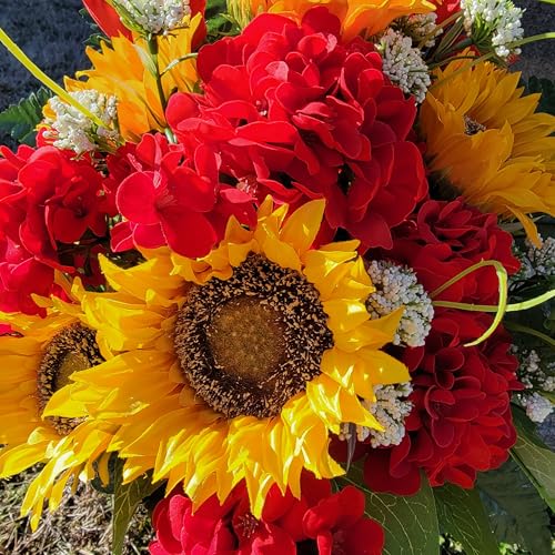 Vibrant Memorial Floral Arrangement - Yellow Sunflower & Red Geranium Cemetery Saddle Set - Realistic Silk Grave Decorations by Femme Savor - Image 5