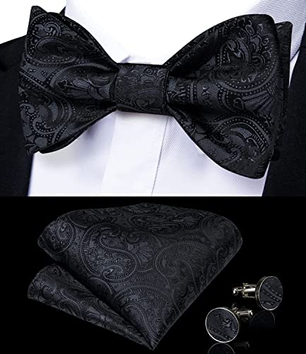 Image of DiBanGu Paisley Bow Ties for Men Silk Self Tied Bowtie and Pocket Square Cufflinks with Lapel Pin for Wedding Party