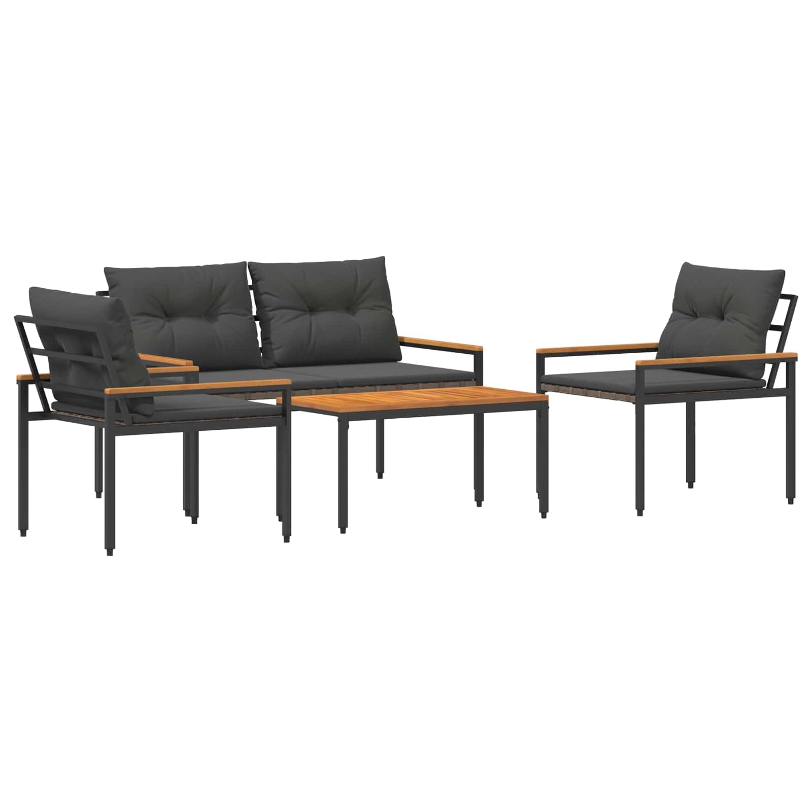 Salon de jardin polyrotin gris foncé 4 pcs avec table acacia et coussins amovibles