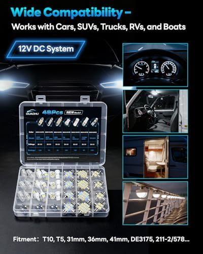 ouaohu 48Pcs Led Interior Car Lights Kit, 6500K White Interior Bulbs Replacement (194 T10 DE3175 W5W 168 578 2825 T5 31mm 36mm 41mm), Dome Map Dash Door Trunk License Plate Lights for Cars Trucks RVs - 5