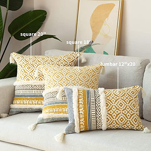 Image of Modern Homes - Feel the Difference Boho Tufted Decorative Throw Pillow Covers /Moroccan Style Cushion Covers with Tassels, Accent Decor Pillow (Yellow, 16X16 Inch)(Cotton), 250 TC