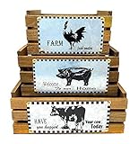 Decor Basket Set Wood Metal Crates Kitchen Countertop Pantry Organizer Farmhouse Country Fruit Produce Bread Storage (Set of 3)