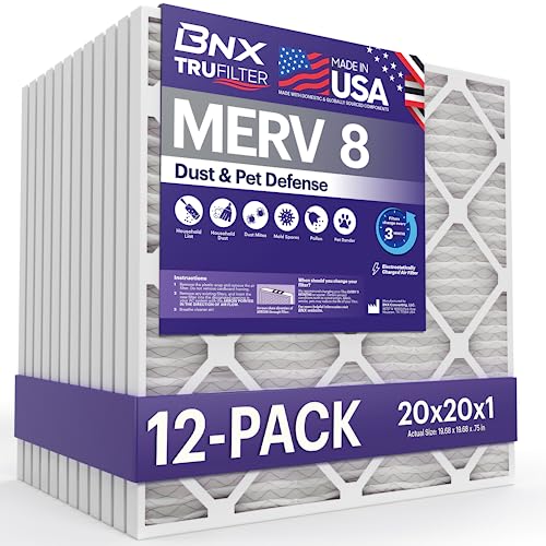 Image of BNX TruFilter 20x20x1 Air Filter MERV 8 (12-Pack) - MADE IN USA - Dust & Pet Defense Electrostatic Pleated Air Conditioner HVAC AC Furnace Filters for Dust, Pet, Mold, Pollen MPR 600 - 700 & FPR 5