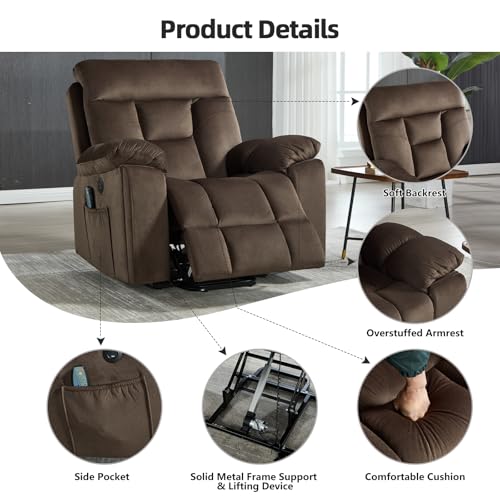 Image of CANMOV Large Power Lift Recliner Chair with Massage and Heat for Elderly Big and Tall People, Overstuffed Wide Recliners with 2 Cup Holders, Side Pocket and USB Port, Dark Brown