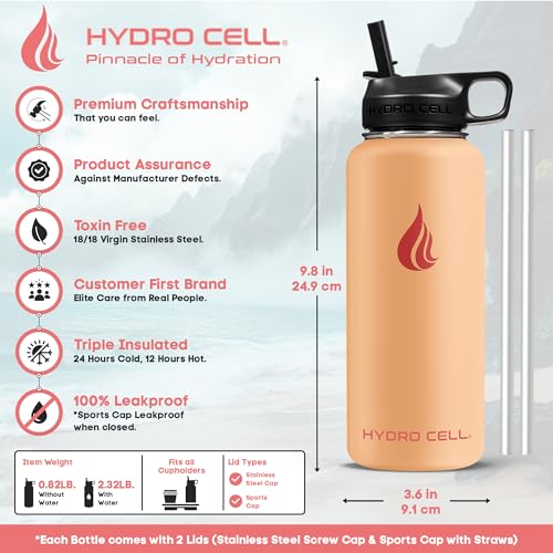 Image of HYDRO CELL Stainless Steel Insulated Water Bottle with Straw - For Cold & Hot Drinks - Metal Vacuum Flask with Screw Cap and Modern Leakproof Sport Thermos for Adults (Peach 32oz)