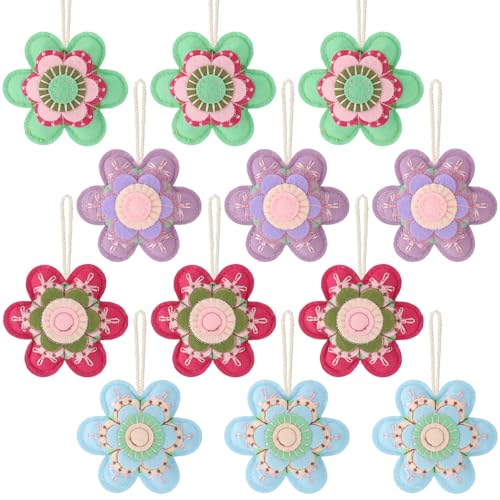 12 Pcs Spring Flower Felt Ornaments for Tree Vintage 3D Flower Tree Decoration Embroidery Felt Spring Floral Hanging Decorations for Summer Mothers Day Home Decor Arts Crafts Party Gifts