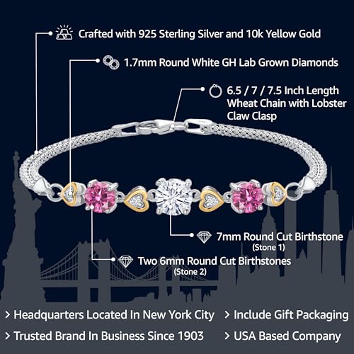 925 Sterling Silver and 10k Yellow Gold Customized and Personalized Round 7MM and 6MM Gemstone Birthstone and White Lab Grown Diamond Bracelet For Women with 6.5, 7, and 7.5 Inch Length, Made In Italy2