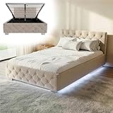 Juskys lit rembourré Nizza 120x200 cm sommier à Lattes, Coffre et éclairage LED, Cadre de lit avec Housse en Velours et surpiqûre Chesterfield, Beige