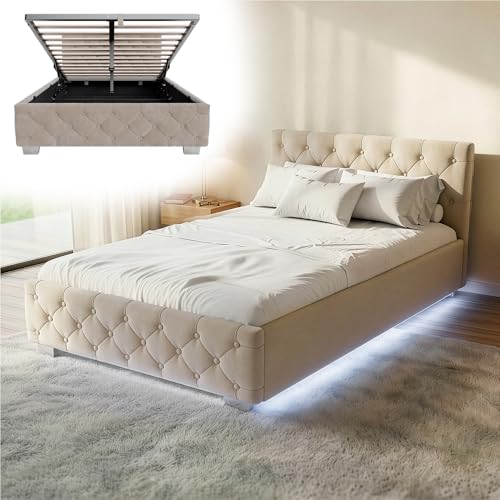Juskys lit rembourré Nizza 120x200 cm sommier à Lattes, Coffre et éclairage LED, Cadre de lit avec Housse en Velours et surpiqûre Chesterfield, Beige