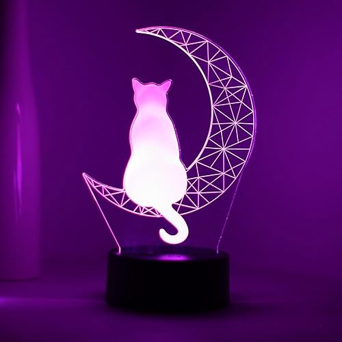 Miniatura 8 de EXIGENT Lámpara LED 3D Luna Gato Lámpara Acrílico Ilusión Noche Intermitente Fresco (Moon_Cat)