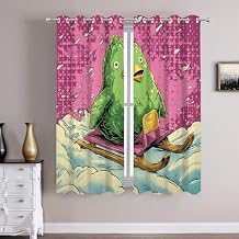 Batmerry Green Penguin Mini Sled Pop Art Bedroom Blackout Curtains, Snow Ride Abstract Background Funny Creature Grommet Long Drapes Thermal Insulated Curtains, Set of 2 Panels, 52x63 inches