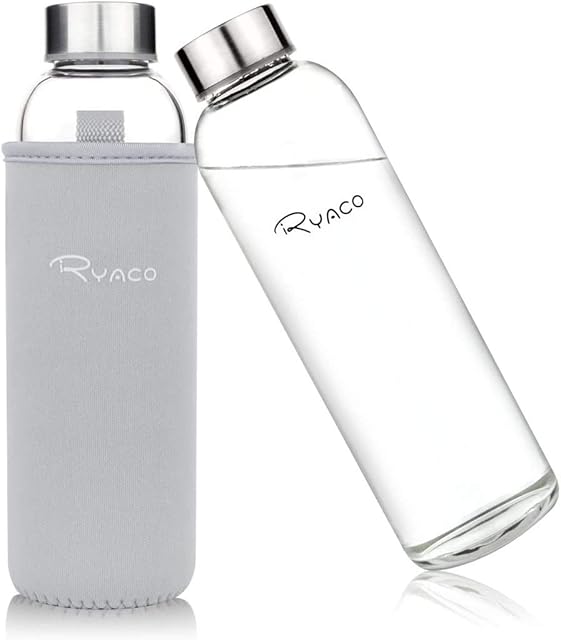 RYACO Borosilicate Glass Water Bottle 550ml BPA-Free Leak Proof Ideal for School Home Office Travel Sport Yoga Gym Hot Cold Drinks with Portable Neoprene Carrying Sleeve and Sponge Brush