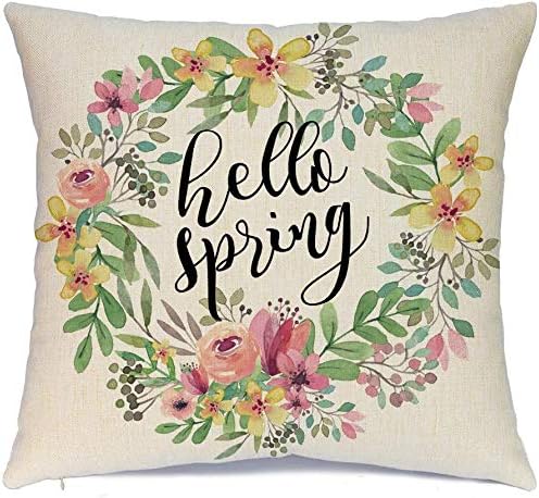 Ueerdand Spring Pillow Covers 16x16 Spring Decorations Set of 4 Decorative Pillow Cases Hello Spring Bicycle Butterfly Cotton Linen Holiday Throw Cushion Covers