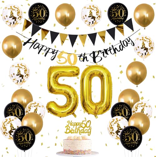 Image of Jobkoo 50th Birthday Decorations Men, 50th Birthday Black Gold Latex Balloons Black Happy 50th Banners 50 Cake Toppers 50 Balloon for Him Women 50 Year Old Party Decoration