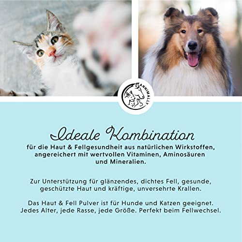 Annimally Haut & Fell Pulver für Hunde und Katzen I Pulver Komplex mit Bierhefe, Biotin, Zink, Ölen und Spirulina I Ideale Ergänzung bei Haarverlust beim Hund, Fellwechsel