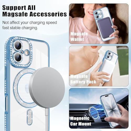 Image of Elzzi Compatible with (iPhone 17 Case) Clear Luxury Diamond Glitter Case |Camera Lens Protector with Glitter Ring | Premium Shockproof Glossy Shiny Back Cover Case for Girls Women -Blue