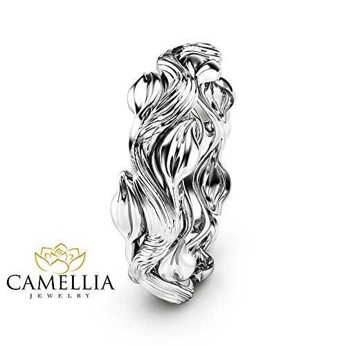 Unisex Leaves Wedding Ring 14k White Gold Ring Unique Stem Wedding Band Unique Commitment Ring