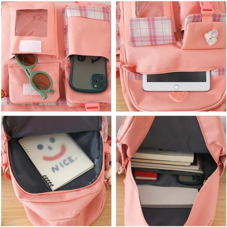 Miniatura 6 de Juego de 5 mochilas Kawaii con colgantes y alfileres Kawaii, accesorios estéticos, bolsas de libros con colgante, Rosado, Moderno