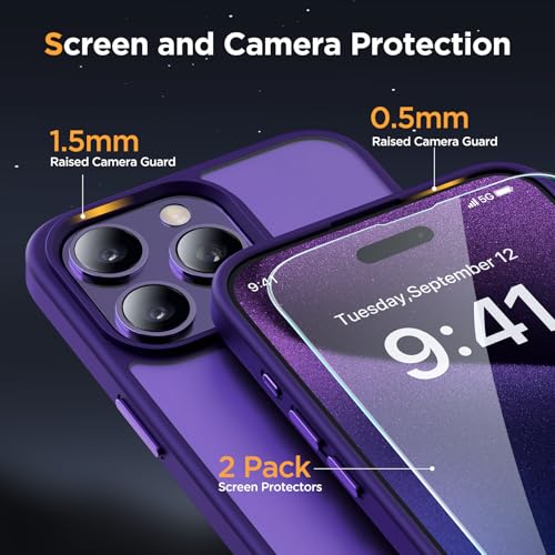 Image of Miracase Magnetic for iPhone 15 Pro Case 6.1 inch (Compatible with MagSafe)(with 2X Screen Protectors) Military-Grade Protection, Anti-Fingerprint Translucent Matte Phone Cover, Dark Purple