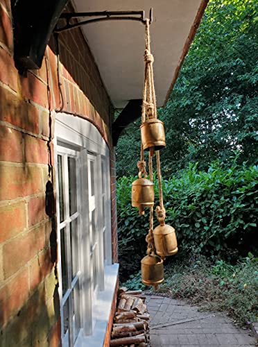 4 Large Rustic Cow Bells on Rope - Vintage Gold Bells for Fireplace Porch or Garden - Indoor Outdoor Decor - Image 3