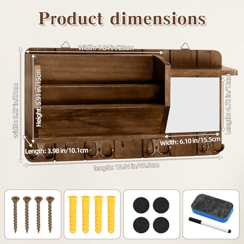 Wall Mounted Mail With message board and Holder Holder Wooden Key, With 4 Double Hook And a storage board, Key holder for wall, Country retro home decor, For living room and foyer storage(Wood brown) - Image 4
