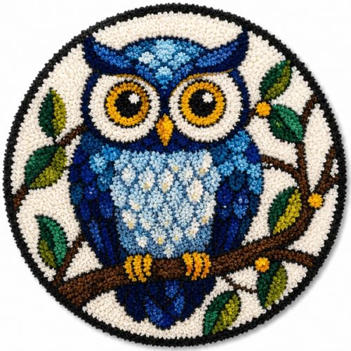 Image of YOOLOOKY Latch Hook Kits for Adults /Beginners Printed Canvas Embroidery Tapestry Handmade Round Rug Home Sofa Decoration 20 X 20inch (Owl)