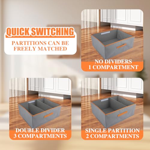 ASelected Große 2er-Set Aufbewahrungsboxen 50 x 40 x 20 CM Schrank Organizer mit Ledergriff und Trennwand Aufbewahrungsbox aus Stoff Faltbare für Kleiderschrank Kleidung, Bücher(grau)