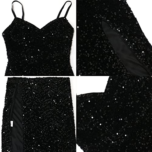 Ranfare Women's Sexy V Neck Bodycon Sequin Gown Evening Dress With Slit(Black-3-Xl) #TOP4