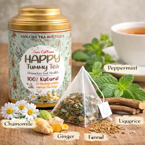 Image of Sancha Tea Boutique, Happy Tummy Tea, Caffeine Free Herbal Tisane, 25 Pyramid Bags, Digestive Drink, Tummy Detox