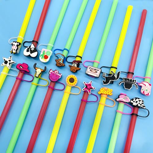 18pcs Straw Cover Cap for Stanley Cup 30&40 Oz Tumbler 10mm Reusable Silicone Straw Toppers Straw Tip Covers for Stanley Cups Accessories Cute Cowgirls Themed Tumbler Straw Cover