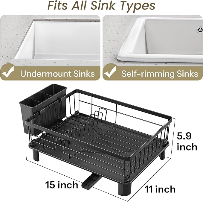 Image of Favria Dish Drying Rack - Space-Saving Small Dish Rack for Kitchen Counter, Anti Rust Kitchen Drying Rack, Compact Dish Drainer Organizer with Utensils Holder (38 x 28 x 15 cm) (Medium Black)