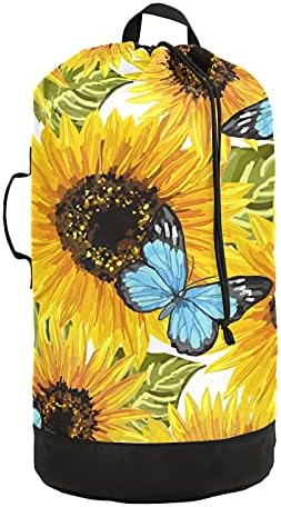 Sunflowers Blue Butterflies Laundry Bag Heavy Duty Laundry Backpack with Shoulder Straps And Handles Travel Laundry bag with Drawstring Closure Dirty Clothes Organizer For Garment Home Laundromat Dorm