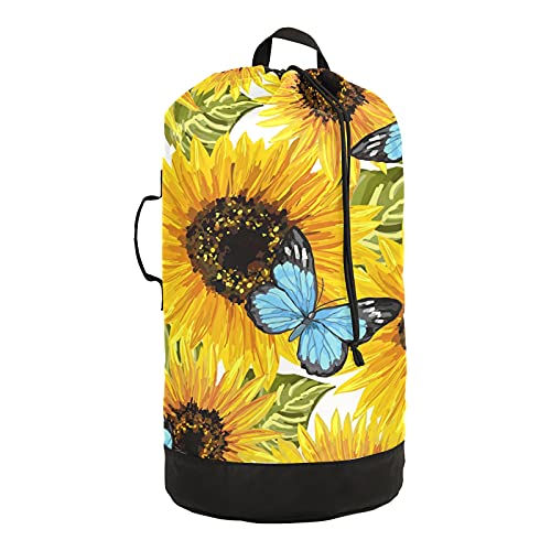 Sunflowers Blue Butterflies Laundry Bag Heavy Duty Laundry Backpack With Shoulder Straps And Handles Travel Laundry Bag With Drawstring Closure Dirty Clothes Organizer For Garment Home Laundromat Dorm #TOP8