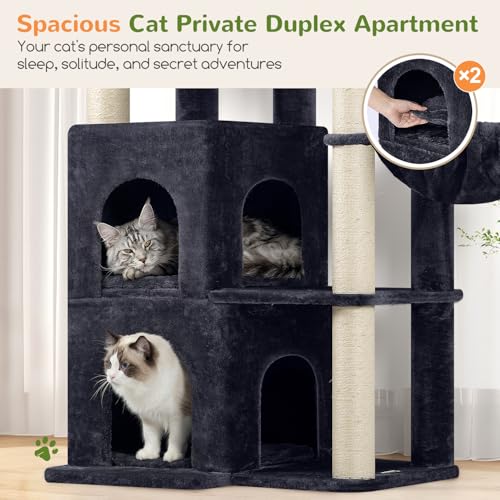Image of Globlazer Cat Tree Tower for Indoor Cats, Sturdy Adult Cat Tree House for Large Adult Cats with 2 Platform, 6 Cat Scratching Post, 2 Cat Caves, Dangling Toys, S63, 63 inch, Dark Grey