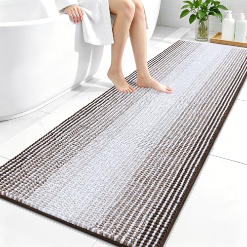 Image of OLANLY Bathroom Runner Rugs 59x24, Extra Soft Absorbent Chenille Striped Bath Rugs, Rubber Backing, Machine Wash Dry, Long Bath Mats for Bathroom, Tub, Shower, Home Decor Accessories, Brown