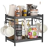Lifewit Organizer per Caffè, 2 Livelli Portatazze da Banco, Espositore a Scaffale con 4 Ganci, Contenitore per Accessori da Caffè per la Cucina di Casa, Nero