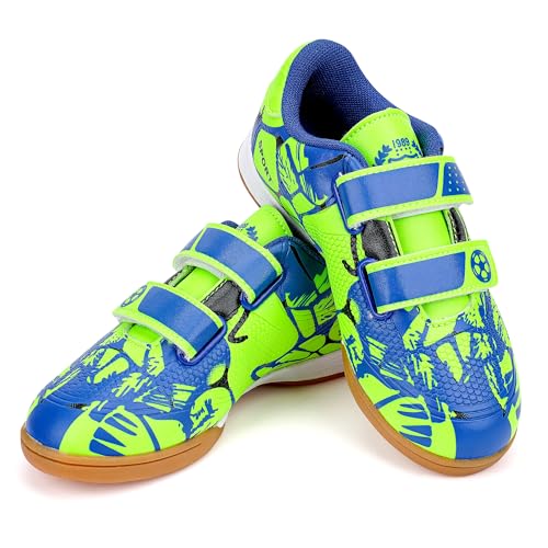 Linkidea Kids Laceless Indoor Soccer Shoes, Rubber Outsole Anti-Slip Sneaker, Futsal Training Cleats for Boys and Girls (Green)4