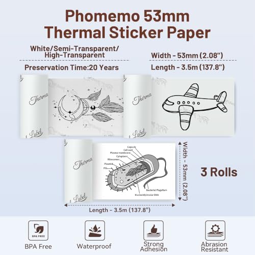 Phomemo Selbstklebendes Thermopapier für Phomemo T02/M02/M02S/M02Pro/M03/M03AS/M04S/M04AS/M832/M833/M834 Mini Thermodrucker, 53mm x 3,5m, Weiß/Transparentes/Halbtransparent Druckerpapier, 3 Rollen