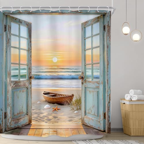 Image of Riyidecor Beach Ocean Shower Curtain 72Wx72H Inch Rustic Blue Seaside Barn Door Sea Sunset Scenery Sandbeach Hawaii Wood Landscape Natural Bathroom Decor Fabric Polyester Waterproof 12 Pack Hooks