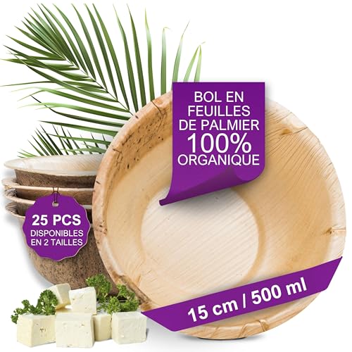 Waipur Bol Jetable en Feuilles de Palmier - 25 pcs. 15 cm / 500 ml - Vaisselle Naturelle et Élégante - Chic, Résistante et au Design Unique - Assiette Creuse en...