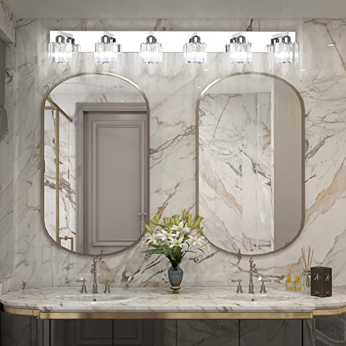 Image of Aipsun Bathroom Vanity Light Crystal Vanity Lighting Fixtures 6 Lights Chrome Vanity Light for Bathroom (Exclude Bulb)