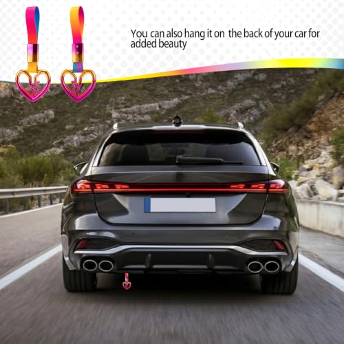 Image of 2PCS Heart Shaped Car Handle Straps, Rear Bumper Warning Keychain Ring for Car Exterior Accessories (Chrome Rainbow Broken Heart - Rainbow)