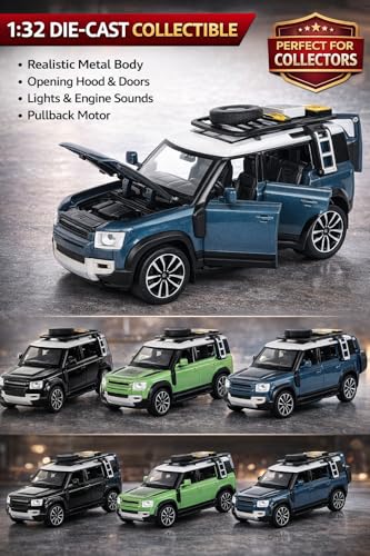 Image of DREAMY DEN 1:32 Scale Die Cast Metal Defender Style SUV Toy Car with Lights & Sound, Pull Back Action, Openable Doors & Bonnet, Realistic Collectible Model for Kids & Adults