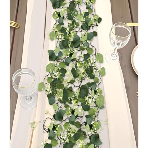 BLOSY 2 Pack Fake Vines with Eucalyptus Leaf & Flower, Artificial Ivy Garland for Room Decor, Green Flowers Hanging Plants Faux Greenery Leaves Bedroom Aesthetic for Home Garden Wall Wedding